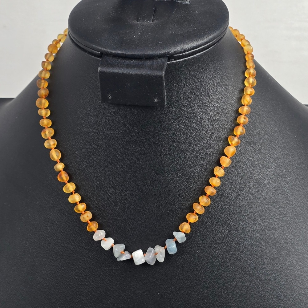 Vintage Baltic Amber & Blue Aquamarine Gemstone Beaded Glowing Necklace 16"